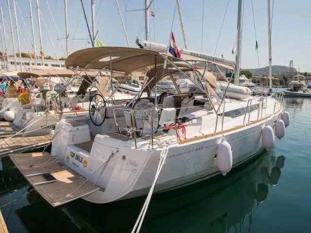Exterior view of Top Smile, a Jeanneau Sun Odyssey 449 sailboat at Punat, Croatia