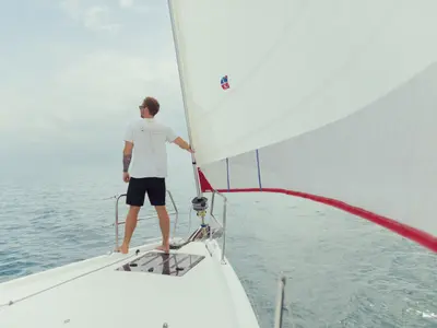 Deck of Sunsail 44 SO Classic, a Jeanneau Sun Odyssey 440 sailboat at Marigot, France