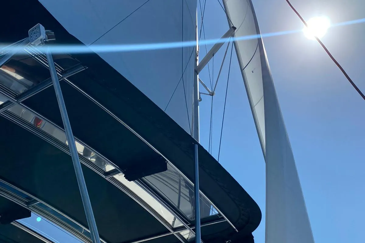 Exterior view of Ostraco, a Lagoon 46 catamaran at Lavrion, Greece