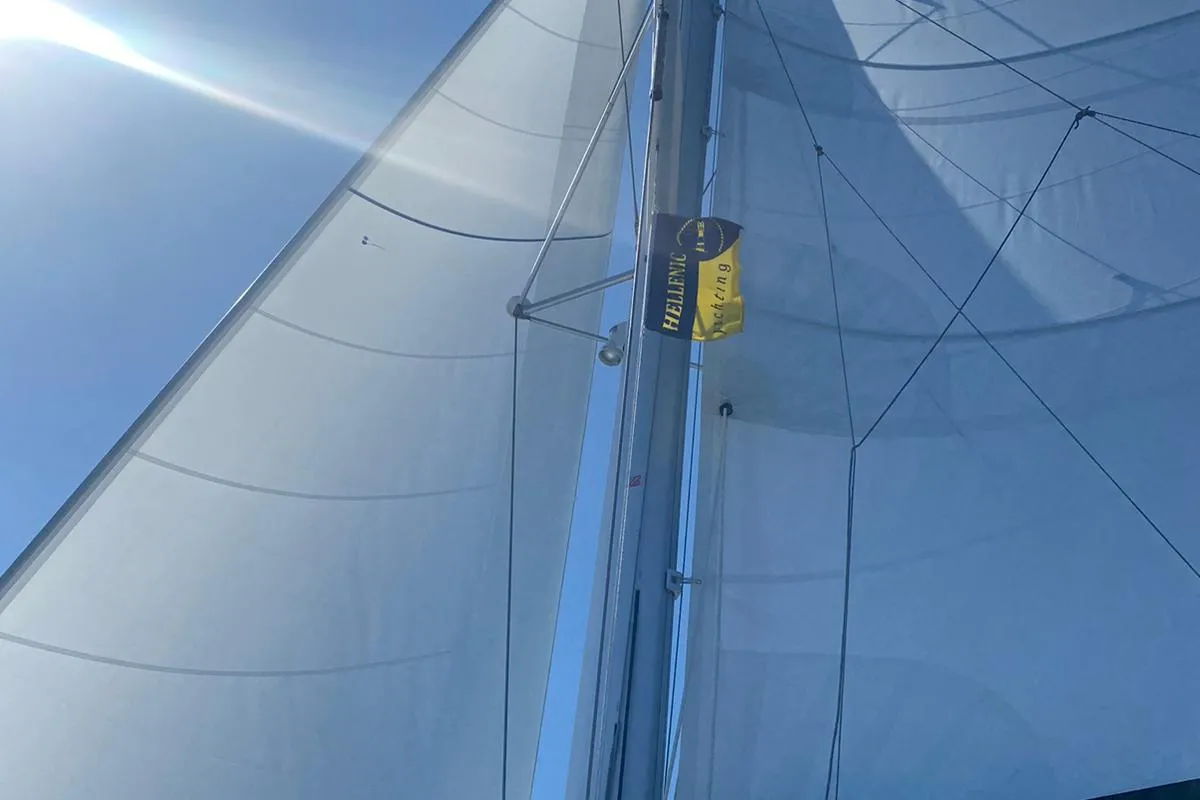 Exterior view of Ostraco, a Lagoon 46 catamaran at Lavrion, Greece