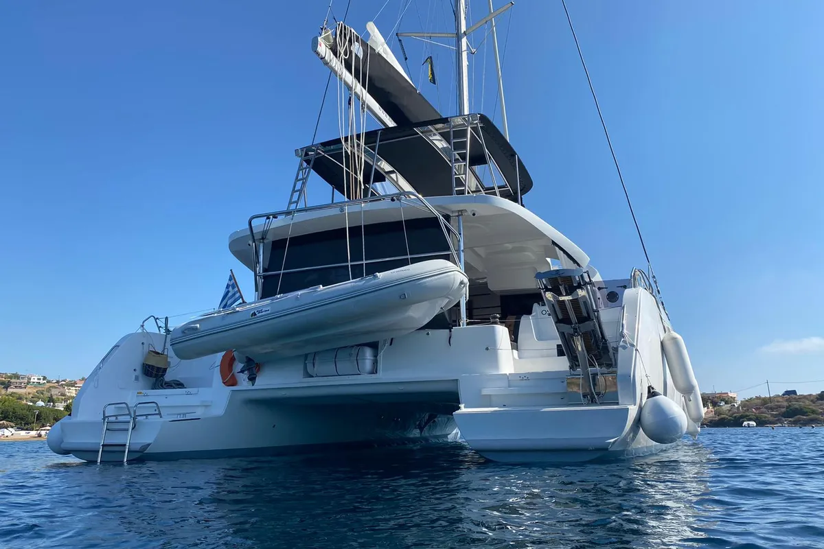 Exterior view of Ostraco, a Lagoon 46 catamaran at Lavrion, Greece