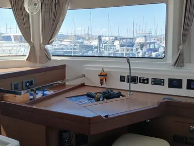 Cockpit of Ostraco, a Lagoon 46 catamaran at Lavrion, Greece