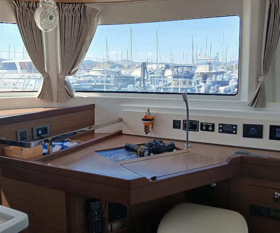 Cockpit of Ostraco, a Lagoon 46 catamaran at Lavrion, Greece