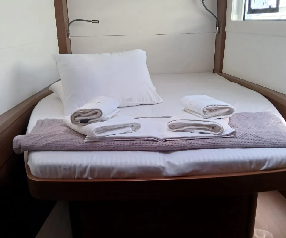 Cabin on Ostraco, a Lagoon 46 catamaran at Lavrion, Greece