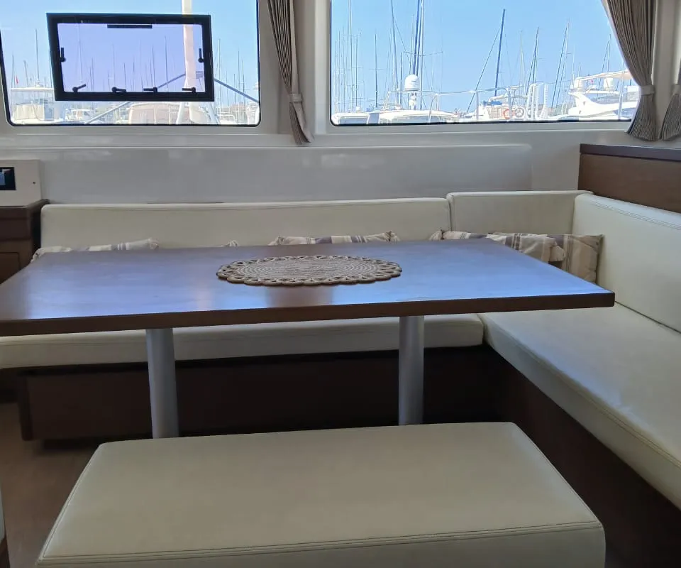 Salon of Ostraco, a Lagoon 46 catamaran at Lavrion, Greece