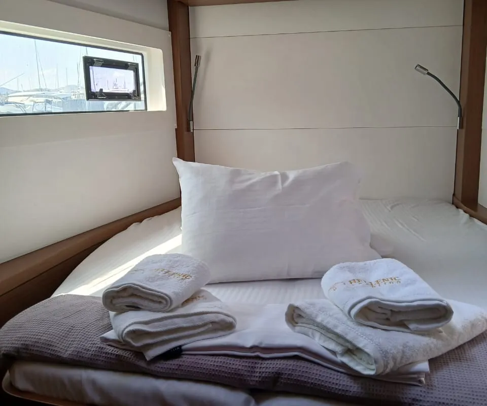 Cabin on Ostraco, a Lagoon 46 catamaran at Lavrion, Greece