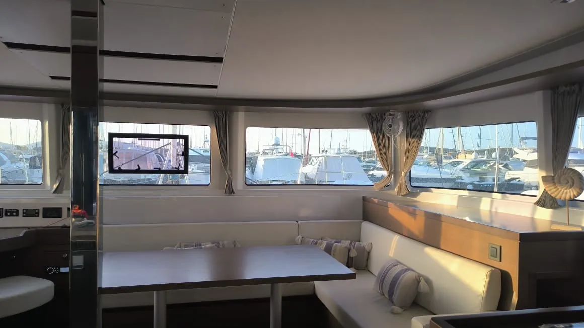 Salon of Ostraco, a Lagoon 46 catamaran at Lavrion, Greece