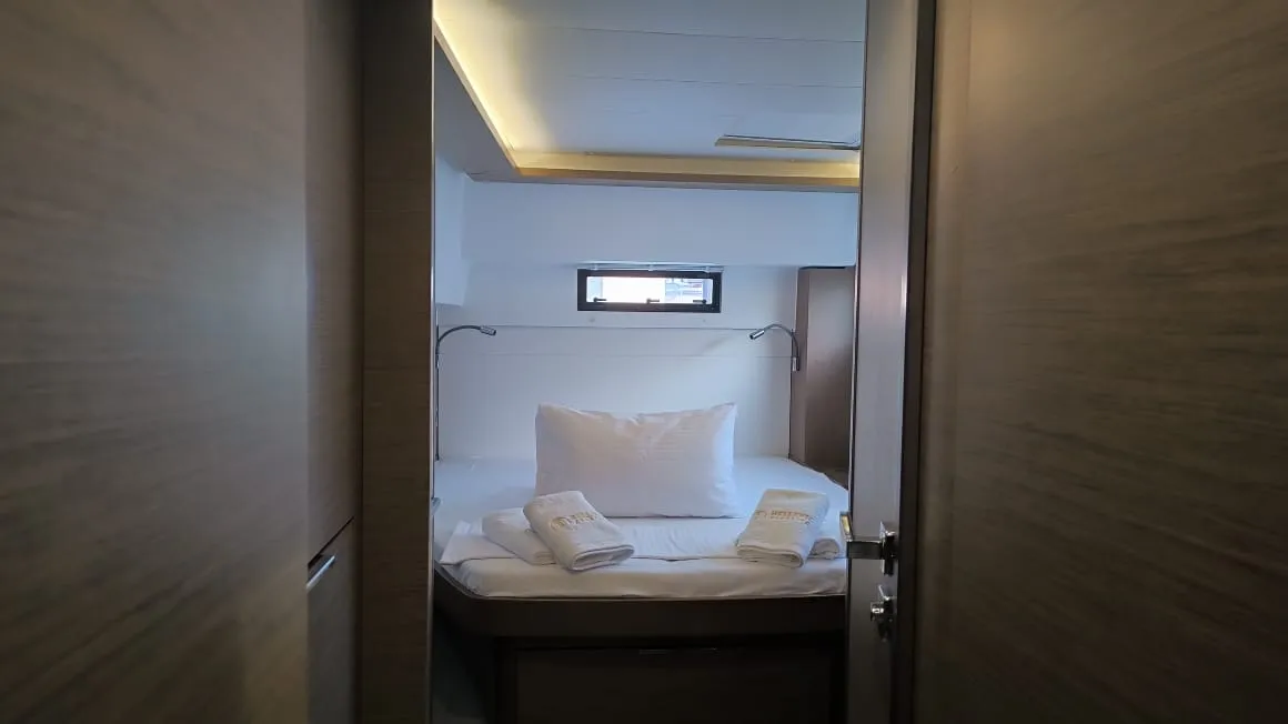 Cabin on Ostraco, a Lagoon 46 catamaran at Lavrion, Greece