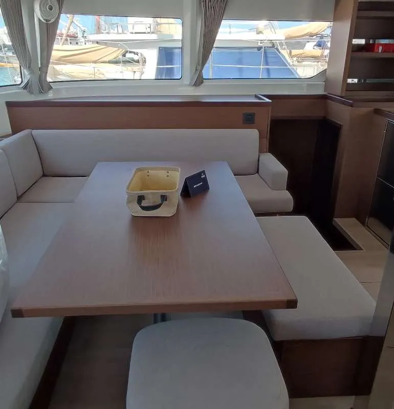 Salon of Ostraco, a Lagoon 46 catamaran at Lavrion, Greece