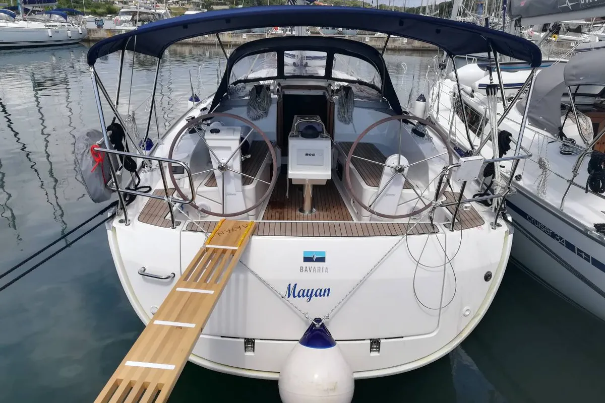 Exterior view of Mayan, a Bavaria Cruiser 37 sailboat at Grad Pula, Croatia