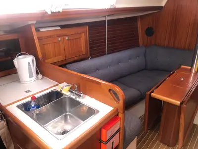 Galley of Escapade, a Elan 333 sailboat at Poole, United Kingdom