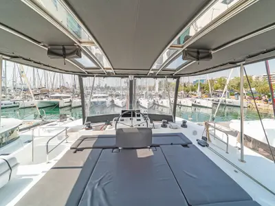 Cockpit of Reina, a Lagoon 50 catamaran at Athens, Greece