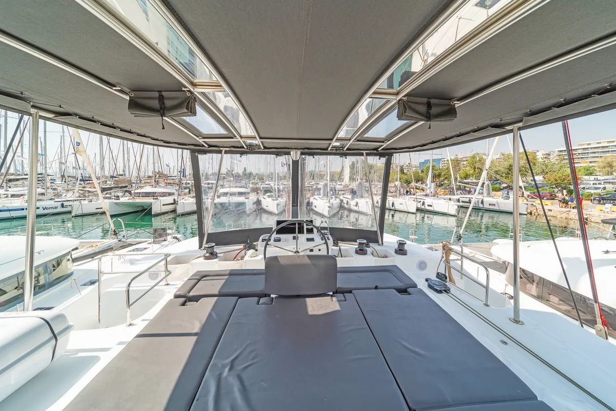 Cockpit of Reina, a Lagoon 50 catamaran at Athens, Greece