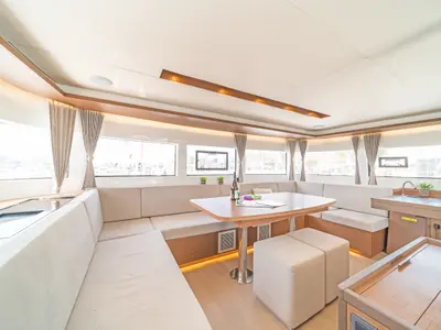 Salon of Reina, a Lagoon 50 catamaran at Athens, Greece