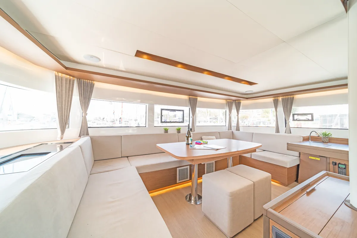 Salon of Reina, a Lagoon 50 catamaran at Athens, Greece