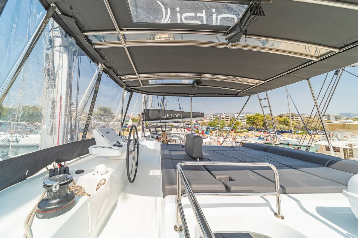 Cockpit of Reina, a Lagoon 50 catamaran at Athens, Greece