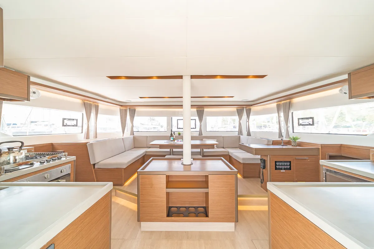 Salon of Reina, a Lagoon 50 catamaran at Athens, Greece