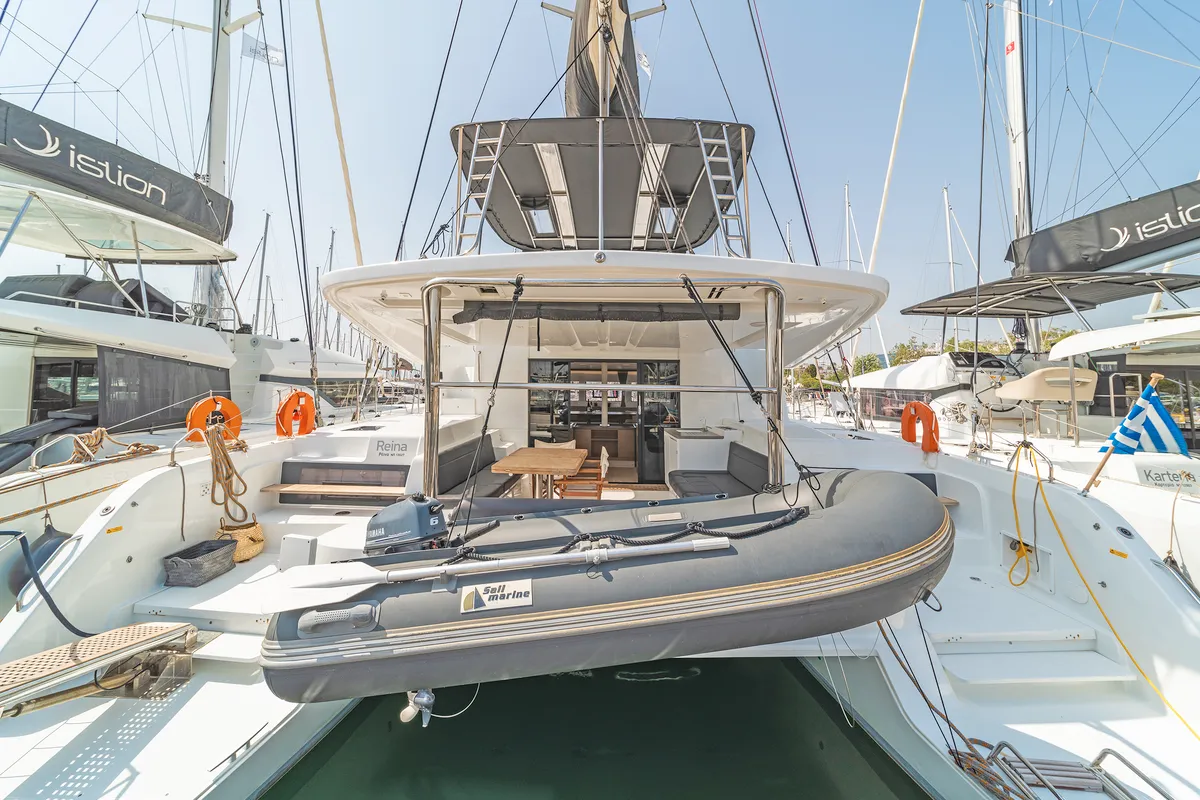 Exterior view of Reina, a Lagoon 50 catamaran at Athens, Greece