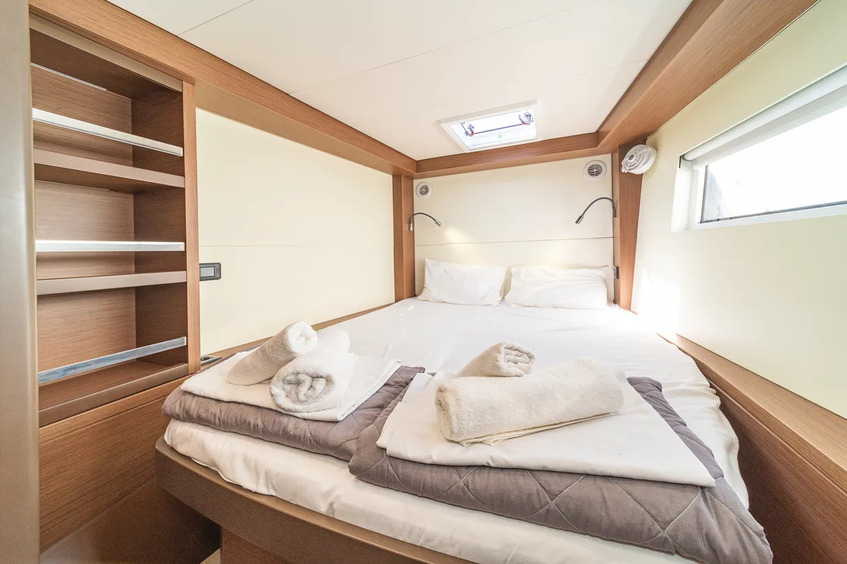 Cabin on Reina, a Lagoon 50 catamaran at Athens, Greece