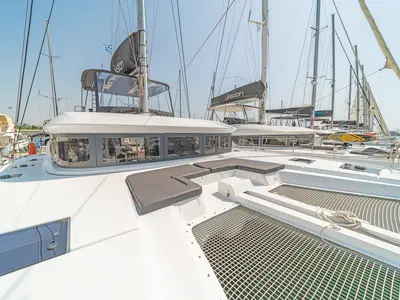 Deck of Reina, a Lagoon 50 catamaran at Athens, Greece