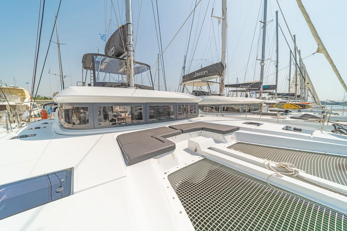 Deck of Reina, a Lagoon 50 catamaran at Athens, Greece