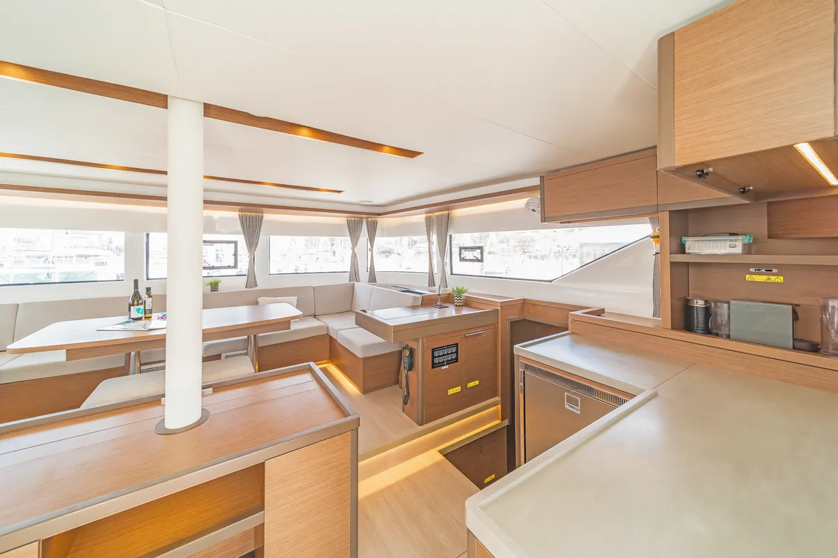 Salon of Reina, a Lagoon 50 catamaran at Athens, Greece