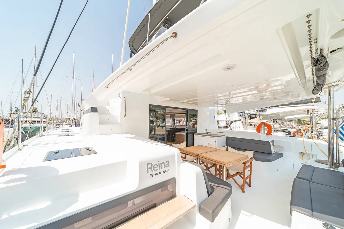 Deck of Reina, a Lagoon 50 catamaran at Athens, Greece