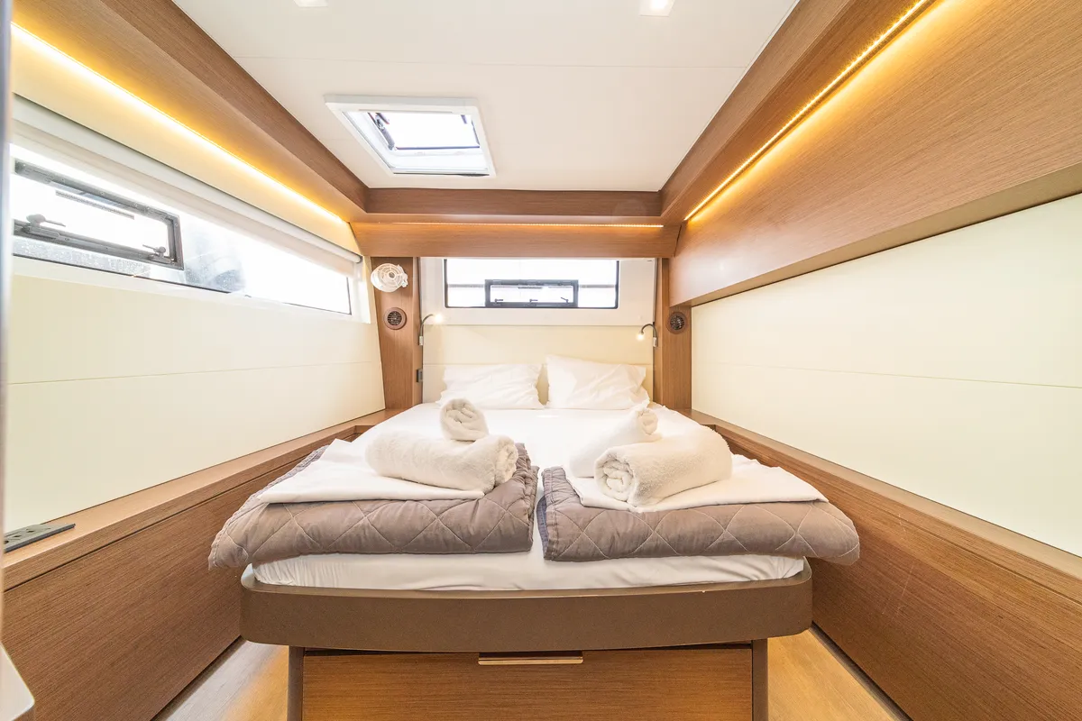 Cabin on Reina, a Lagoon 50 catamaran at Athens, Greece