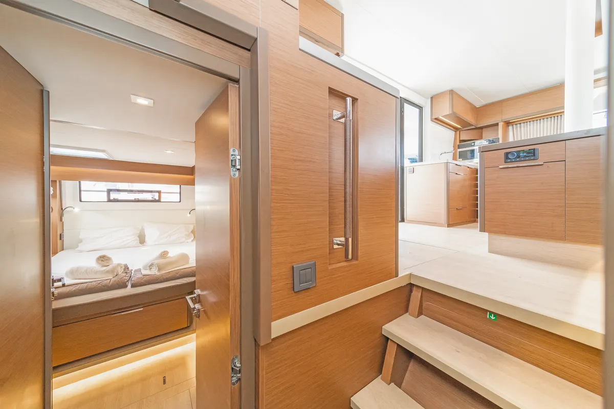 Salon of Reina, a Lagoon 50 catamaran at Athens, Greece