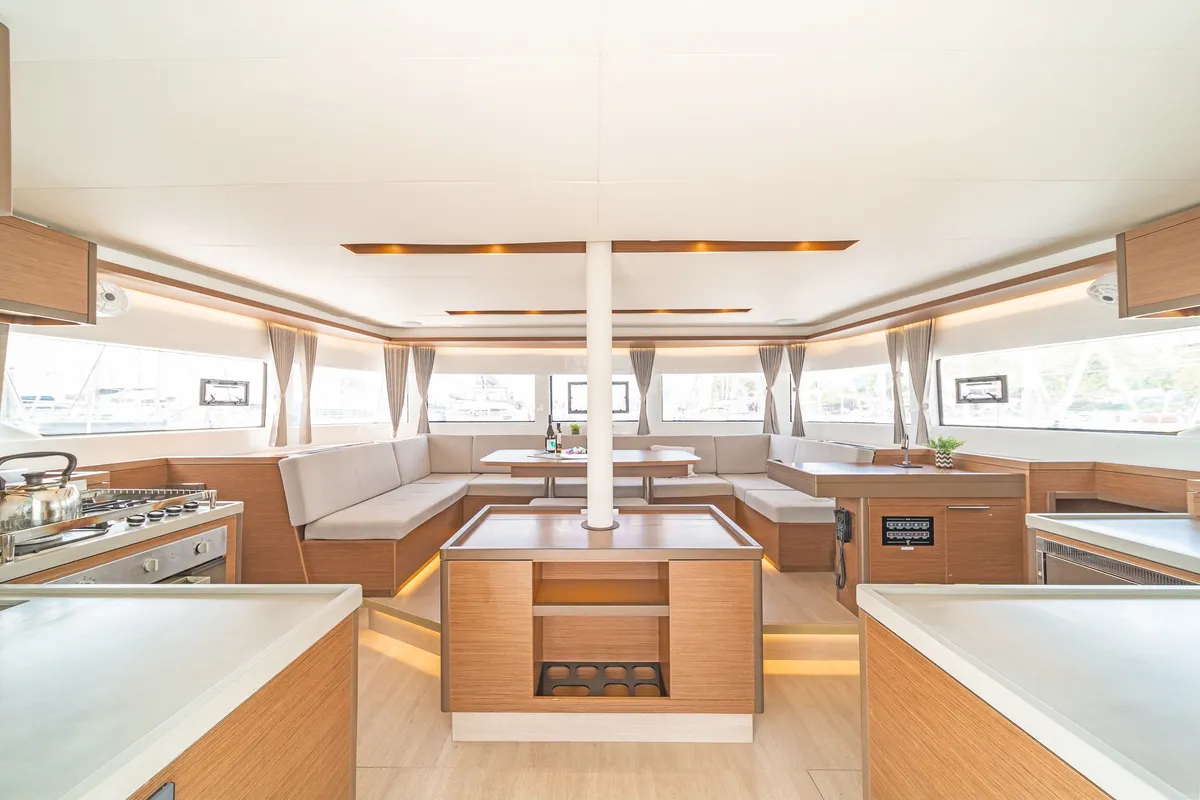 Salon of Reina, a Lagoon 50 catamaran at Athens, Greece