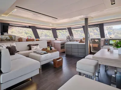 Salon of Kimata, a Fountaine Pajot Alegria 67 catamaran at Piraeus, Greece