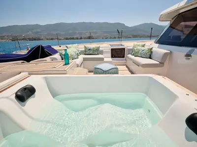 Deck of Kimata, a Fountaine Pajot Alegria 67 catamaran at Piraeus, Greece