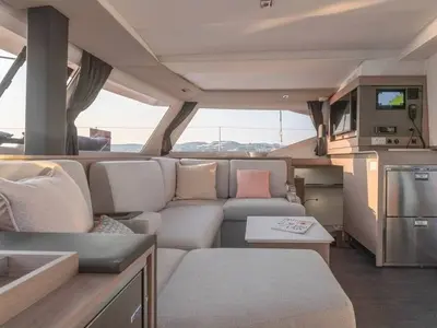 Salon of Vetrohod, a Fountaine Pajot Isla 40 catamaran at Volos, Greece