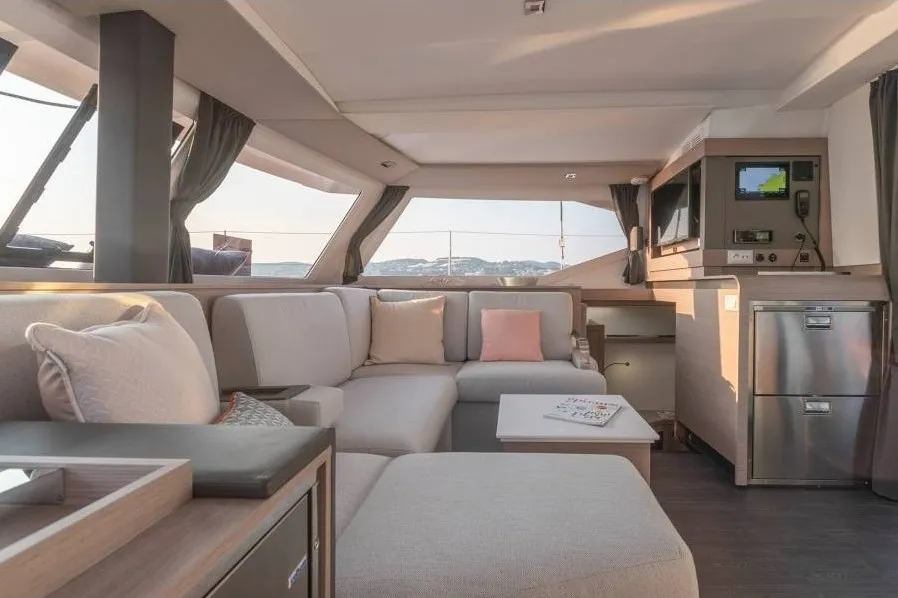 Salon of Vetrohod, a Fountaine Pajot Isla 40 catamaran at Volos, Greece