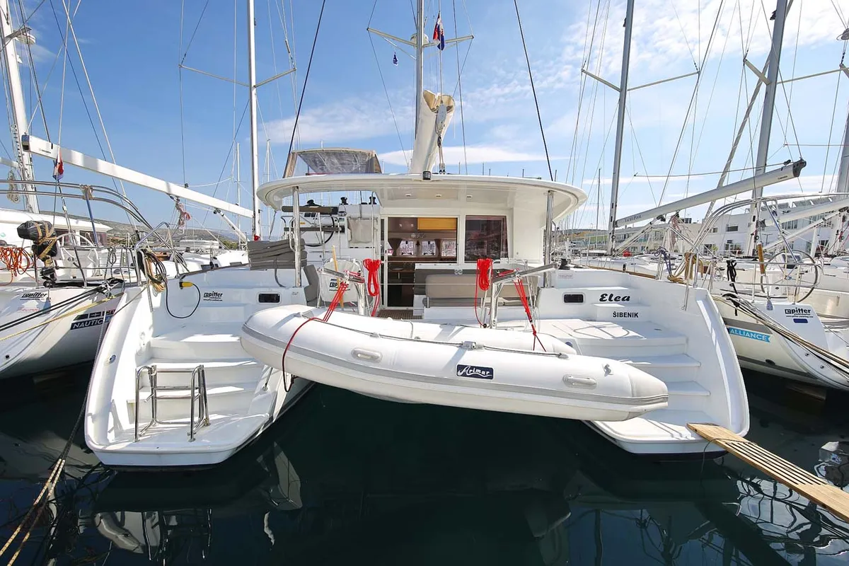 Exterior view of Elea, a Lagoon 400 S2 catamaran at Grad Trogir, Croatia