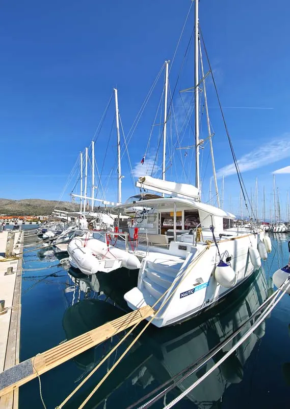 Exterior view of Elea, a Lagoon 400 S2 catamaran at Grad Trogir, Croatia