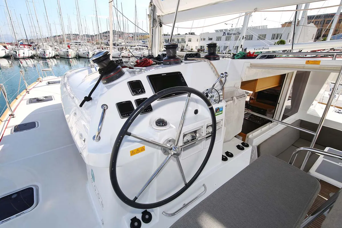 Cockpit of Elea, a Lagoon 400 S2 catamaran at Grad Trogir, Croatia
