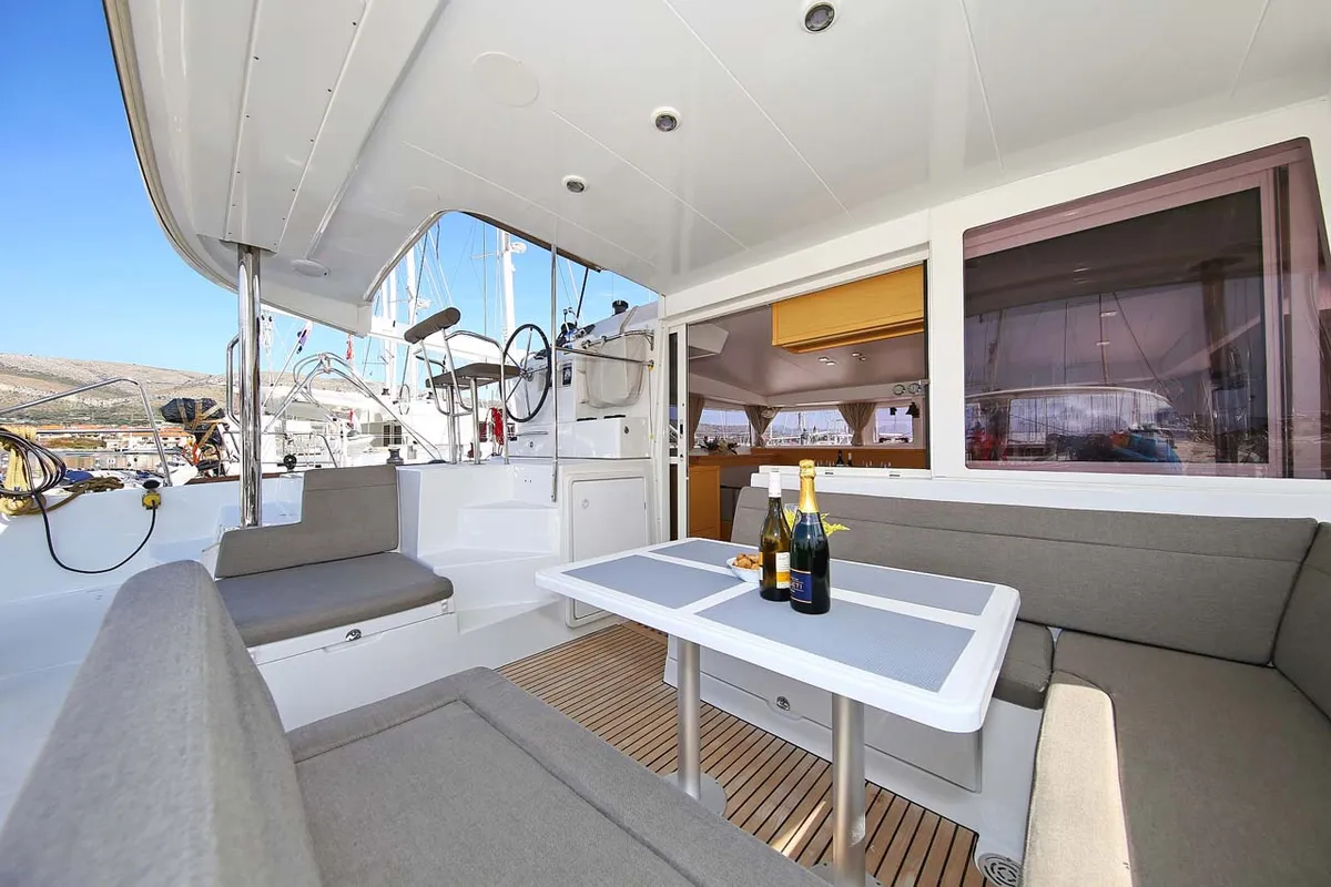 Deck of Elea, a Lagoon 400 S2 catamaran at Grad Trogir, Croatia