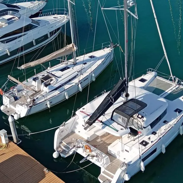 Exterior view of Regolo, a Lagoon 40 catamaran at Salerno, Italy