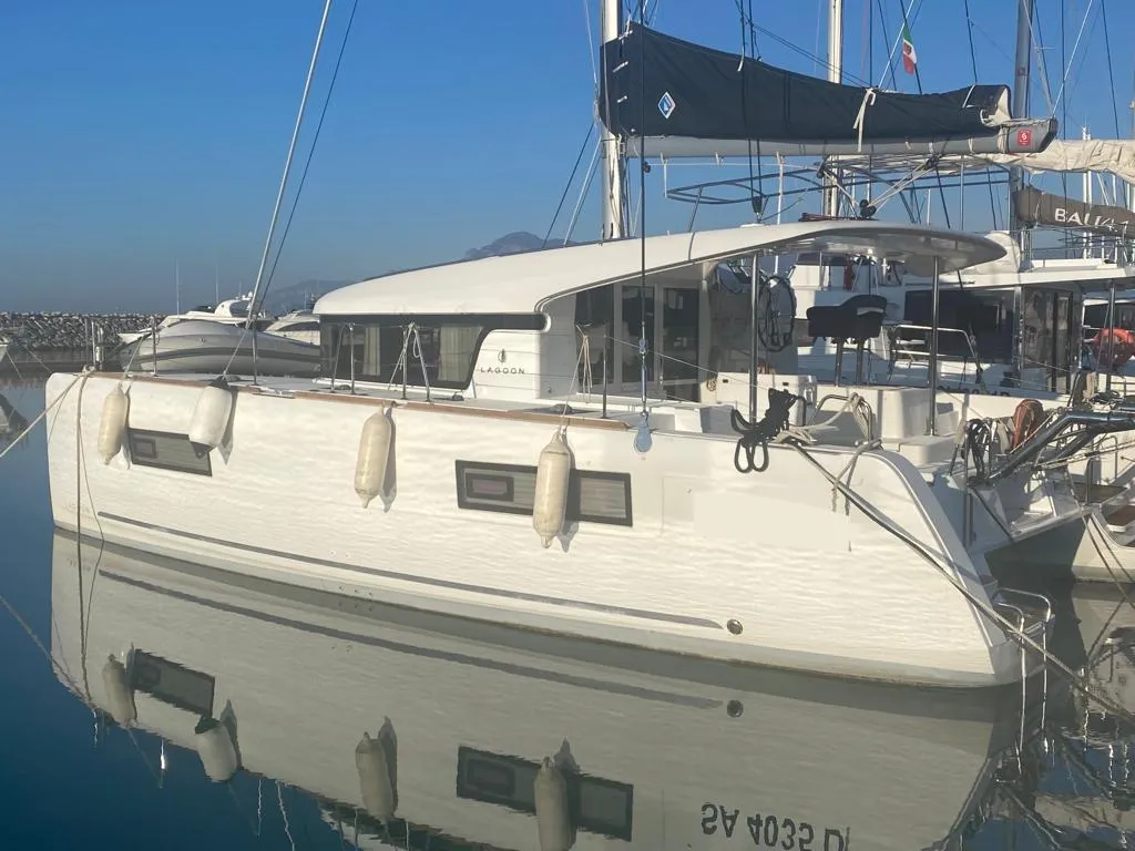 Exterior view of Regolo, a Lagoon 40 catamaran at Salerno, Italy