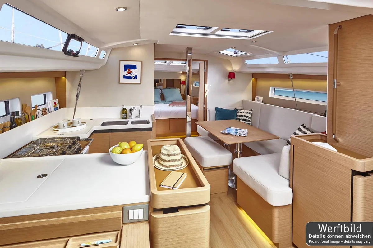 Salon of Carlotta, a Jeanneau Sun Odyssey 440 sailboat at Palma de Mallorca, Spain