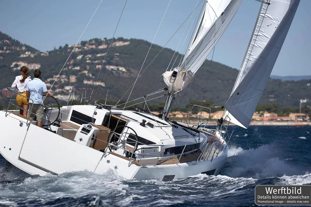 Exterior view of Carlotta, a Jeanneau Sun Odyssey 440 sailboat at Palma de Mallorca, Spain
