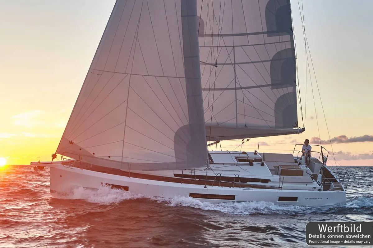 Exterior view of Carlotta, a Jeanneau Sun Odyssey 440 sailboat at Palma de Mallorca, Spain