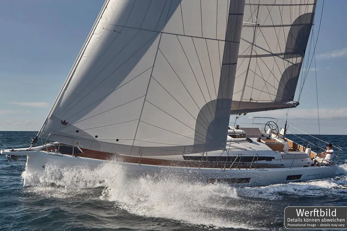 Exterior view of Carlotta, a Jeanneau Sun Odyssey 440 sailboat at Palma de Mallorca, Spain