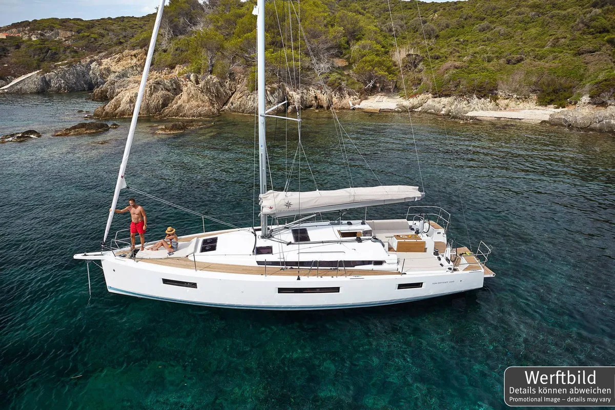 Exterior view of Carlotta, a Jeanneau Sun Odyssey 440 sailboat at Palma de Mallorca, Spain