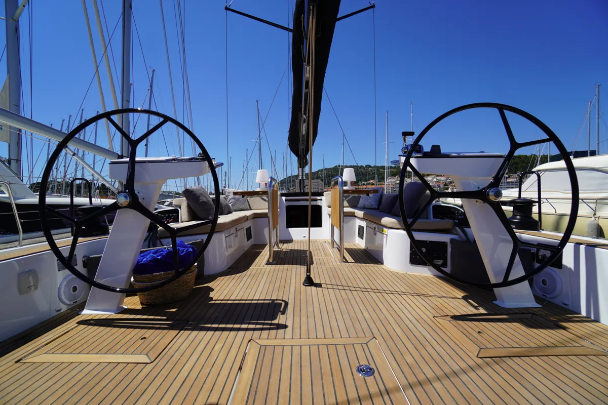 Cockpit of Zenith, a Beneteau First 53 sailboat at Grad Kaštela, Croatia