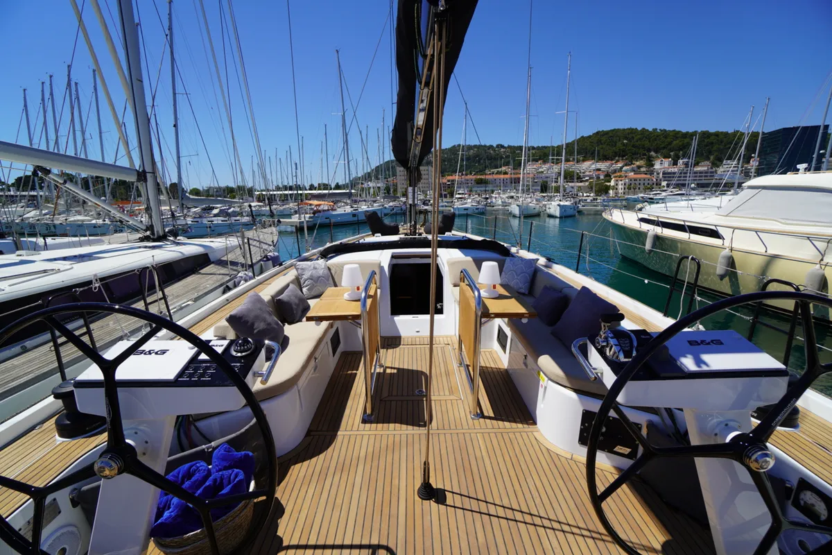 Cockpit of Zenith, a Beneteau First 53 sailboat at Grad Kaštela, Croatia