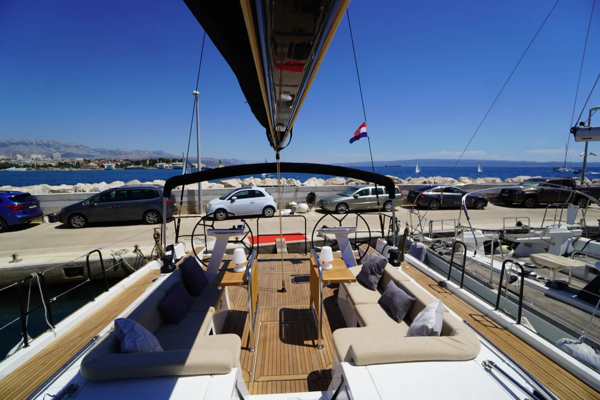 Deck of Zenith, a Beneteau First 53 sailboat at Grad Kaštela, Croatia