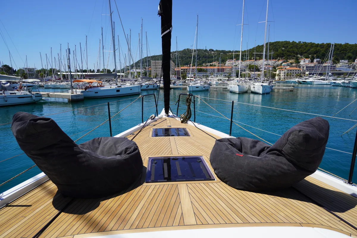 Deck of Zenith, a Beneteau First 53 sailboat at Grad Kaštela, Croatia