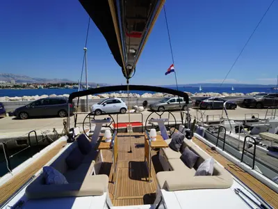 Deck of Zenith, a Beneteau First 53 sailboat at Grad Kaštela, Croatia